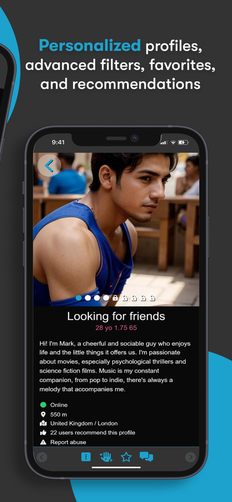 Omolink app interface showing a detailed user profile with a photo and personal bio