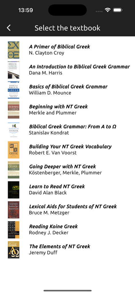Interface showing a list of popular biblical Greek textbooks for selecting vocabulary study material