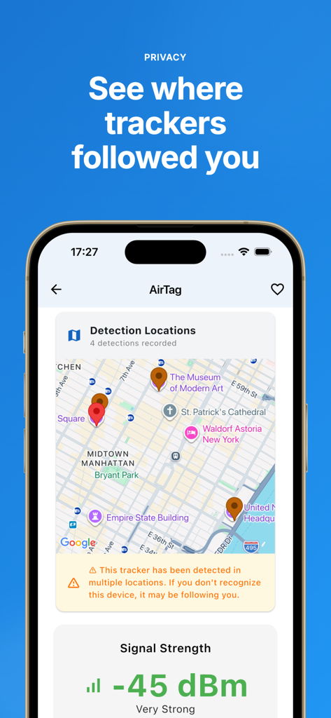 Tracker Detect + - App screen showing a map with locations where a tracker was detected and a privacy warning message.