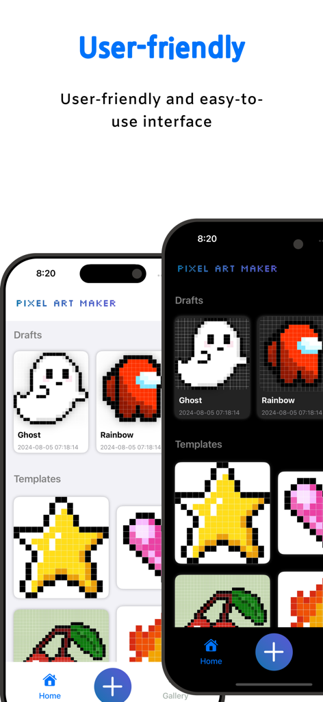 Pixels Art Maker - Pixels Art Maker app interface showing light and dark modes with pixel art drafts and templates