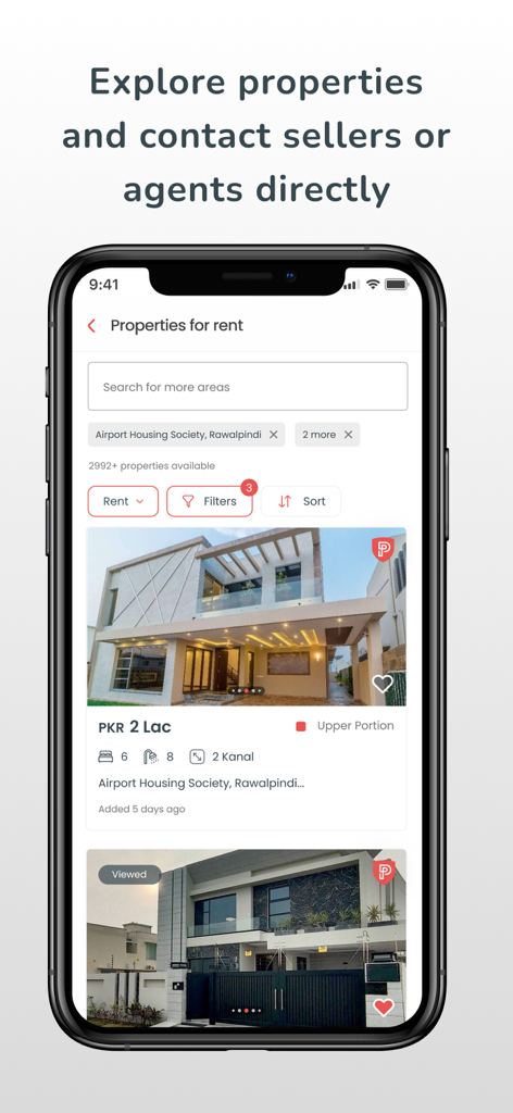 Graana: Real Estate Portal - Interfaz de la aplicación Graana que muestra listados de propiedades de alquiler en Pakistán