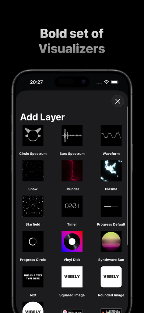 Vibely app menu showing various audio visualizer layers including waveforms and spectrums