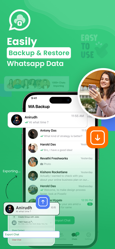 WT Backup & Restore - StoryBox - Interfaz de la aplicación WT Backup and Restore que muestra el historial de chats de WhatsApp y funciones de copia de seguridad