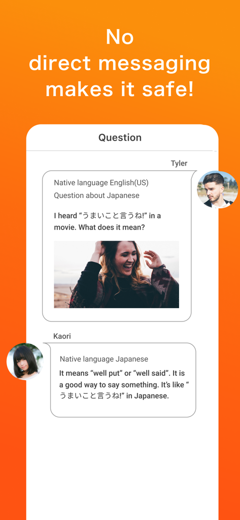 안전한 환경에서 원어민 간의 언어 질문 및 답변 교환을 보여주는 HiNative 앱 스크린샷