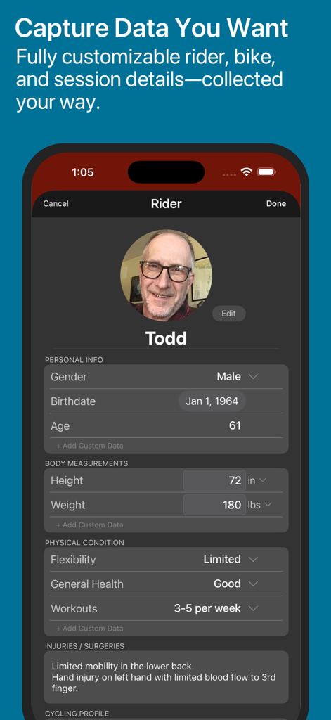 Captura de pantalla de la aplicación Bike Fast Fit Pro que muestra un perfil de ciclista completo con información personal, medidas corporales y detalles de la condición física.