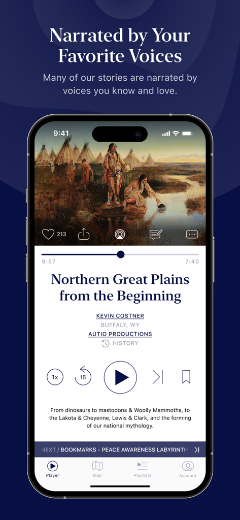 Autio: Road Trip & Travel App - Autio app interface showing an audio story player narrated by Kevin Costner about the Northern Great Plains.