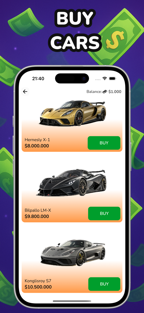 Captura de pantalla de la tienda de coches de lujo en el juego inactivo Business Empire Tycoon mostrando superdeportivos de alta gama para comprar.