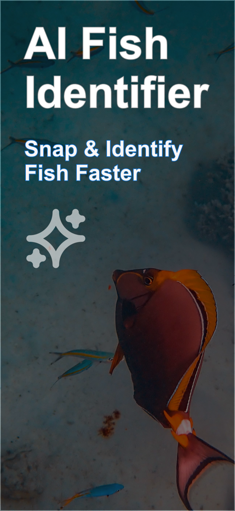 Fish Identifier: Scan & Find - 다채로운 열대어와 빠른 식별을 홍보하는 텍스트가 특징인 AI 물고기 식별기 앱 화면