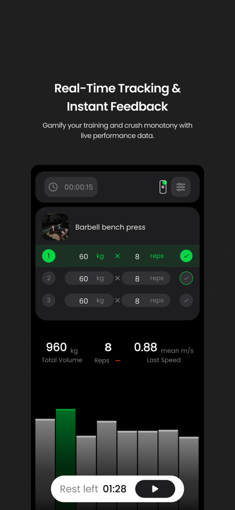 Gpath - Seguimiento en tiempo real de entrenamiento basado en velocidad para press de banca con barra en la aplicación Gpath.