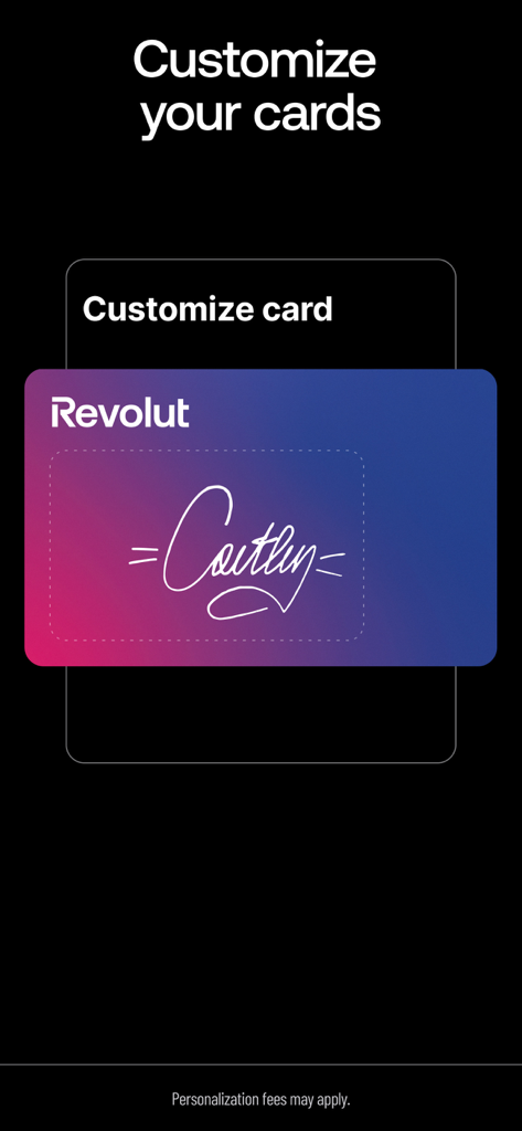 A preview of a customized Revolut card with a pink and blue gradient and a handwritten signature.