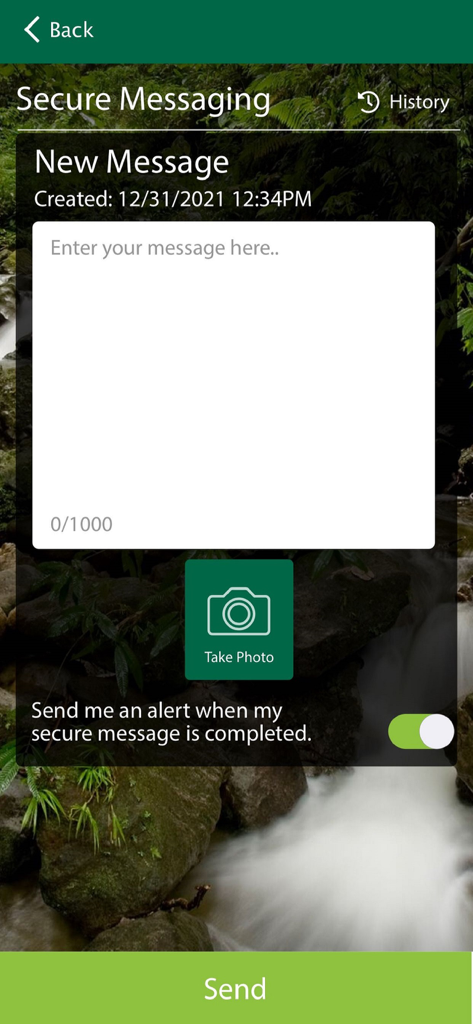 NBD MoBanking - Secure messaging interface of the NBD MoBanking app for sending encrypted messages and photos to the bank.