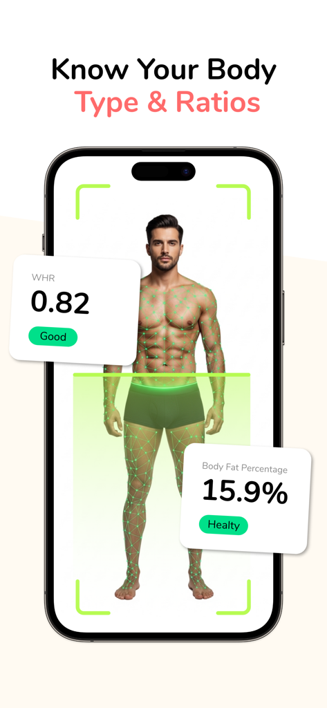 BodyMuse: Body Shape Analysis - AI body scan interface showing body fat percentage and waist to hip ratio