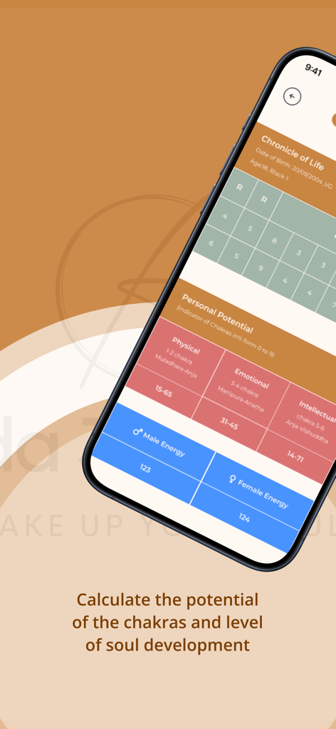 Adajungblut - ChakraSoul app screen showing calculations for chakra potential and soul development levels.