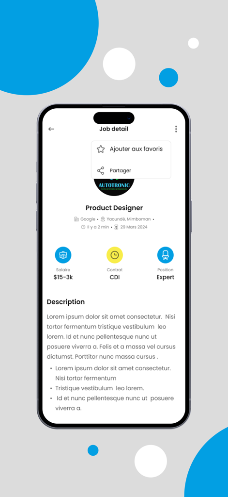 YoupiJob - Job seeking - Écran de l'application mobile montrant les détails d'un poste de concepteur de produits, y compris le salaire et le type de contrat