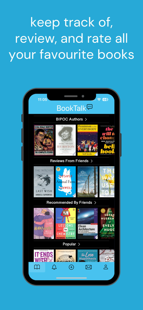 BookTalk - キュレーションされたブックコレクションとソーシャルリーディングのおすすめが表示されているBookTalkアプリのインターフェース