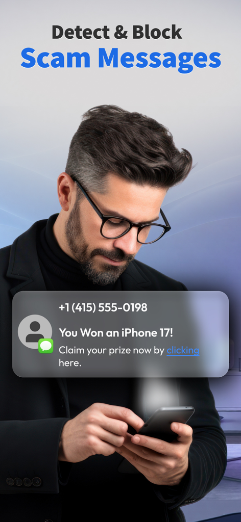 Hacker Protection, Private VPN - A man looking at a smartphone with a notification overlay showing a blocked scam message offering a free iPhone