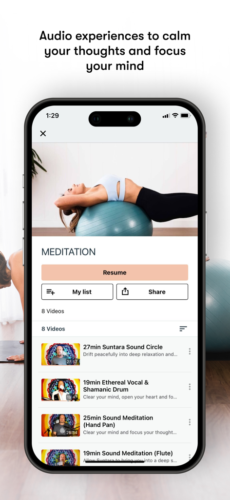 Pilates Project - Biblioteca de videos de meditación y curación de sonido en la aplicación móvil Pilates Project