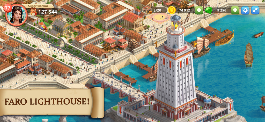 モバイルゲームエンパイア・シティ：文明の夜明けの、ファロ灯台の驚異をフィーチャーした古代の沿岸都市