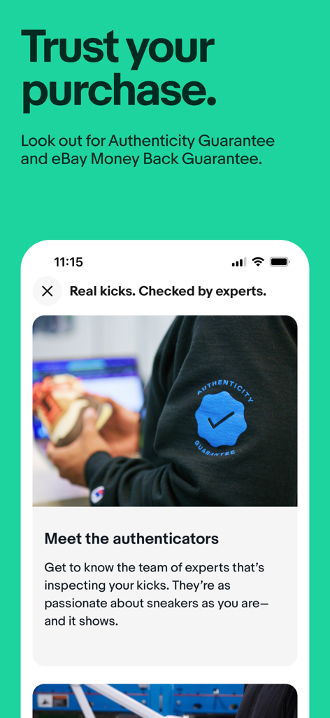 eBay app screen highlighting the Authenticity Guarantee and expert verification for sneaker shopping.