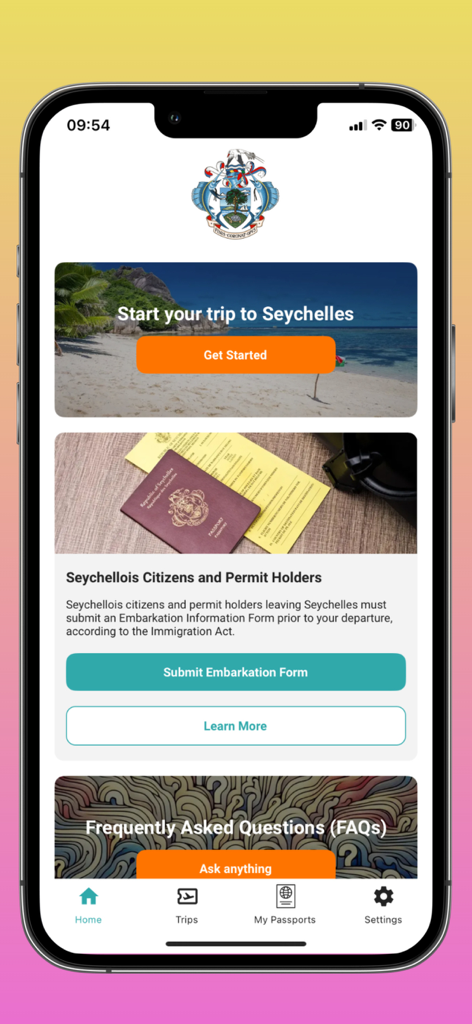 Home screen of the Seychelles E-Border mobile app showing travel authorization and embarkation options