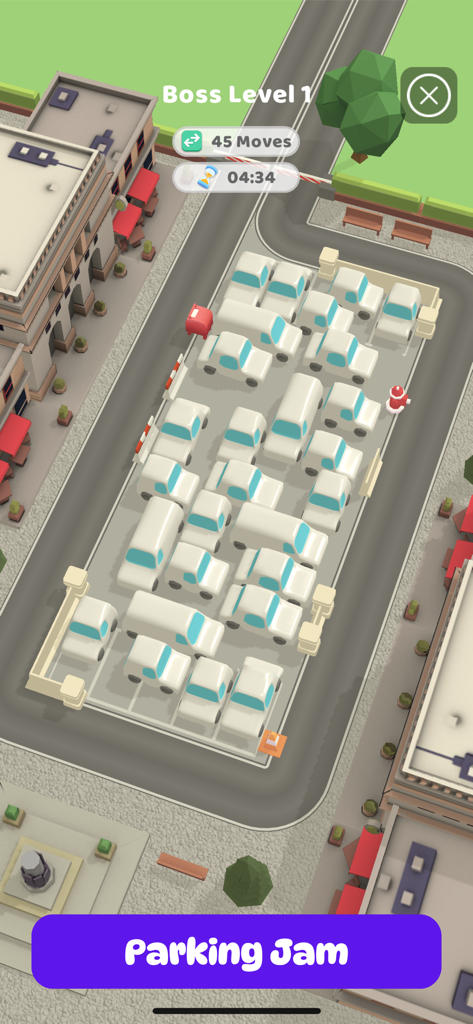 Gameplay screenshot of Parking Jam 3D showing a crowded parking lot puzzle on Boss Level 1