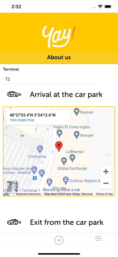 Interfaz de la app ¡Yay! mostrando un Google Map con el punto de encuentro del aparcamiento en la Terminal 1 del aeropuerto
