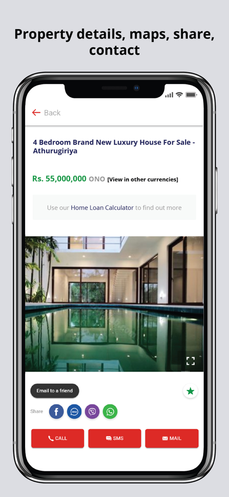LankaPropertyWeb Property App - Property detail page for a luxury house in Athurugiriya Sri Lanka showing price and contact options