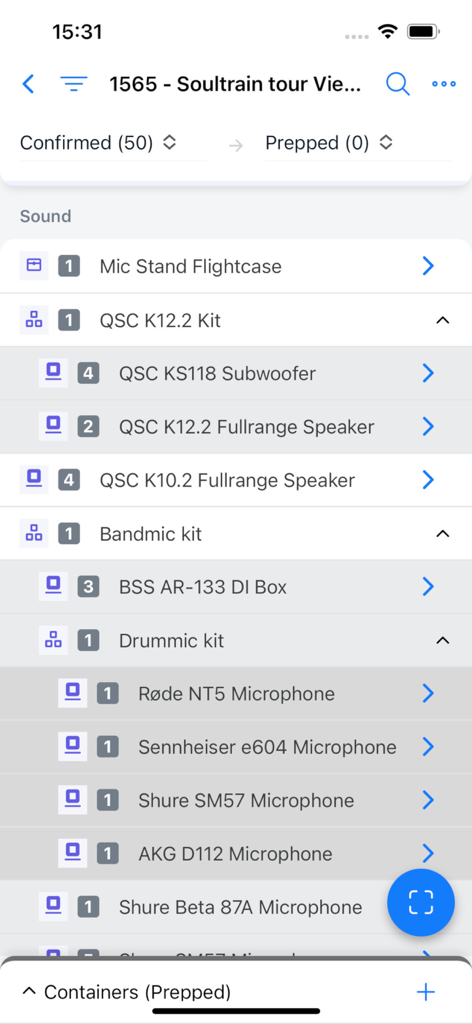 Rentman mobile app interface displaying a digital packing list for event audio equipment inventory.