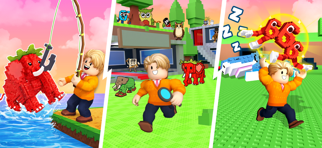 Get All Brainzot: Full Mod - Personagem blocoso explorando um mundo 3D cheio de memes e coletando criaturas únicas