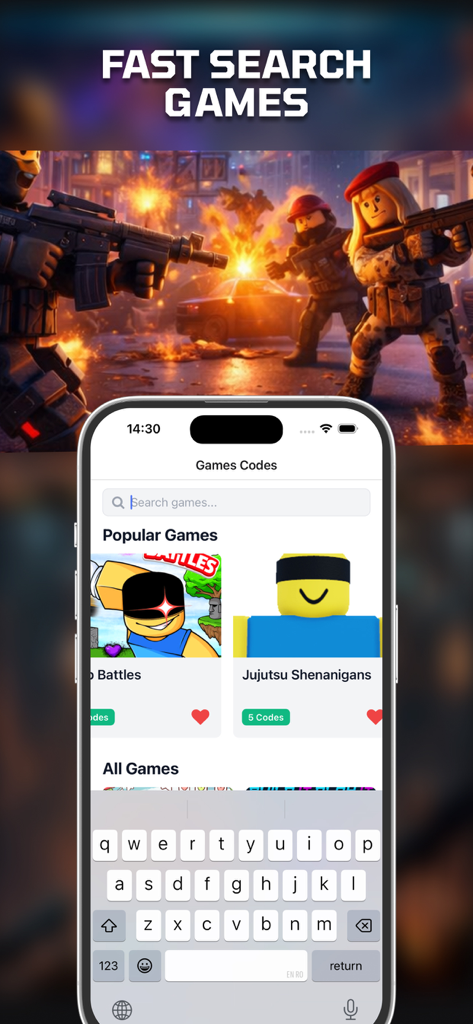 CodesHub - game codes for RBLX - Interfaz de la aplicación CodesHub mostrando una función de búsqueda rápida de códigos promocionales de juegos de Roblox con títulos populares como Jujutsu Shenanigans.