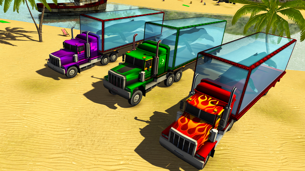 Whale Transport Truck Driving - Three colorful trucks transporting whales in transparent water tanks on a beach