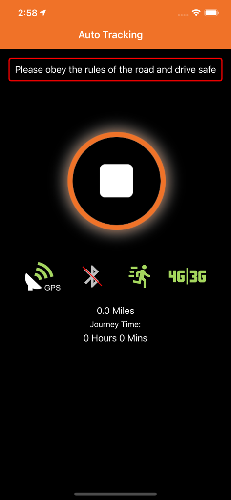 Mileage Track - Auto Tracking interface of Mileage Track app showing miles and journey time