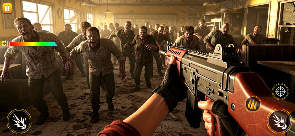 Zombie Games : Survival Games - Perspectiva de shooter en primera persona de un jugador luchando contra zombis en una cafetería