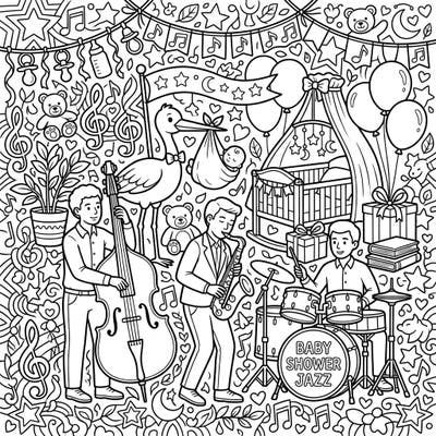 Get ready to color a delightful scene where cool jazz musicians serenade a joyous baby shower. This intricate page blends musical fun with charming new-baby themes for a unique artistic experience.