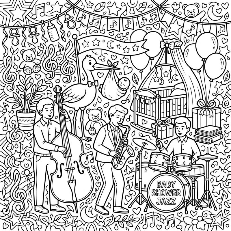 Get ready to color a delightful scene where cool jazz musicians serenade a joyous baby shower. This intricate page blends musical fun with charming new-baby themes for a unique artistic experience.