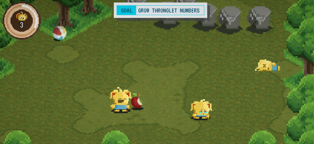 Black Mirror: Thronglets - Jugabilidad retro de pixel art que muestra criaturas Thronglet amarillas en un campo con árboles