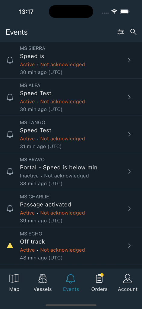 NAVTOR NavFleet - Der Ereignisbildschirm der NavFleet App zeigt Echtzeit-Schiffswarnungen an, einschließlich Geschwindigkeitsüberwachung und Abweichungen vom Kurs.