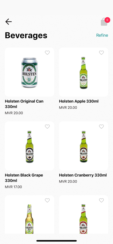 SIMDI Online app showing the beverages category with Holsten canned and bottled drinks for sale