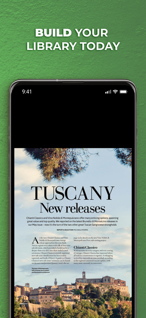 Decanter Magazine app showing a digital article on Tuscany new wine releases with a scenic Italian landscape