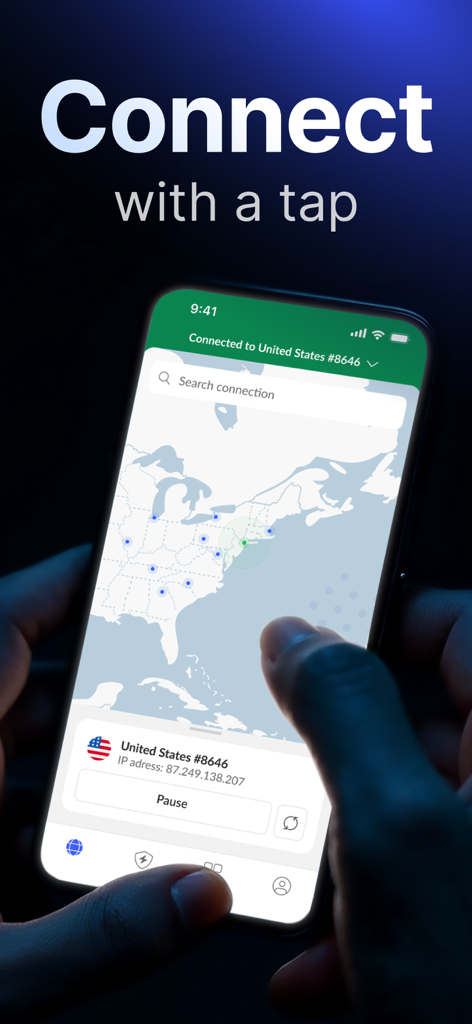 A hand holding an iPhone displaying the NordVPN app interface connected to a United States server with a map view