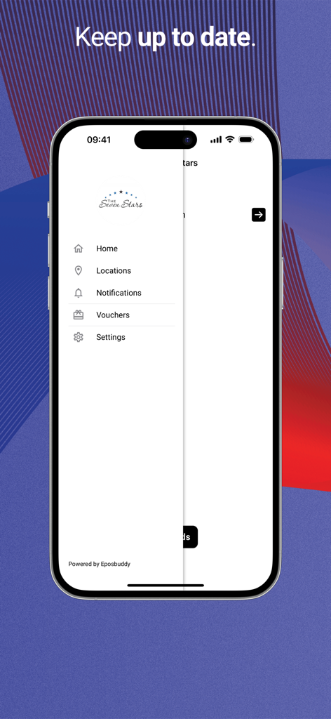 The Seven Stars - Mobile app interface for The Seven Stars showing a side navigation menu with sections for home, locations, notifications, vouchers, and settings.