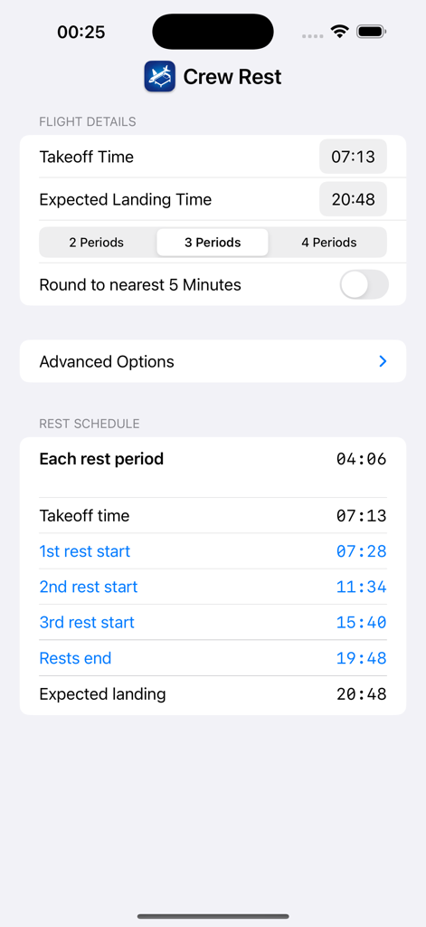 Crew Rest - Interface of the Crew Rest app showing flight details and a calculated rest schedule for a three pilot crew.