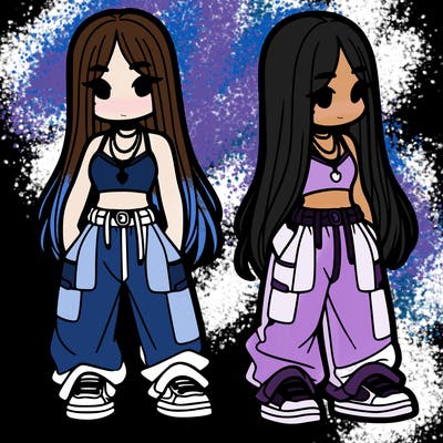 girl in baggy pants crop top and long hair