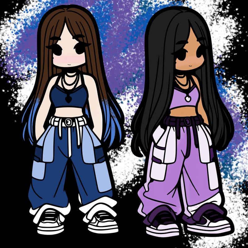 girl in baggy pants crop top and long hair