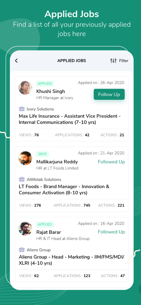 iimjobs : Find Management Jobs - Interface of iimjobs app showing a list of applied management jobs with status tracking and engagement metrics