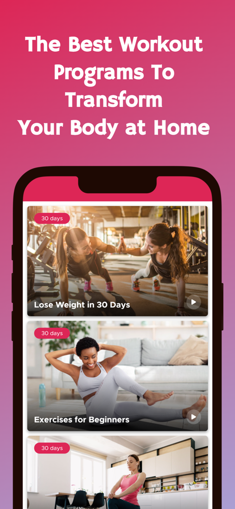 Workout Plan For Women - Pantalla de aplicación móvil que muestra programas de entrenamiento para mujeres en casa