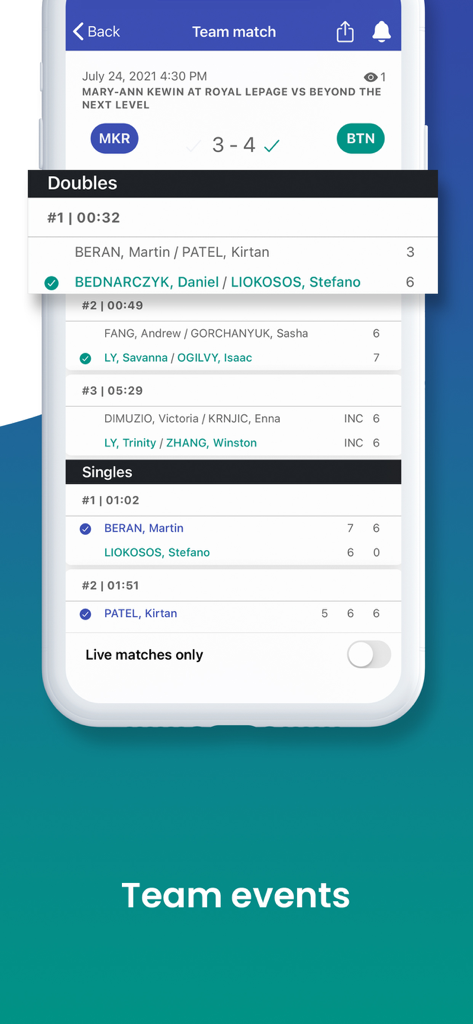 IONSport (iOnCourt) - Live tennis team match scoreboard on the iOnCourt app showing singles and doubles results.
