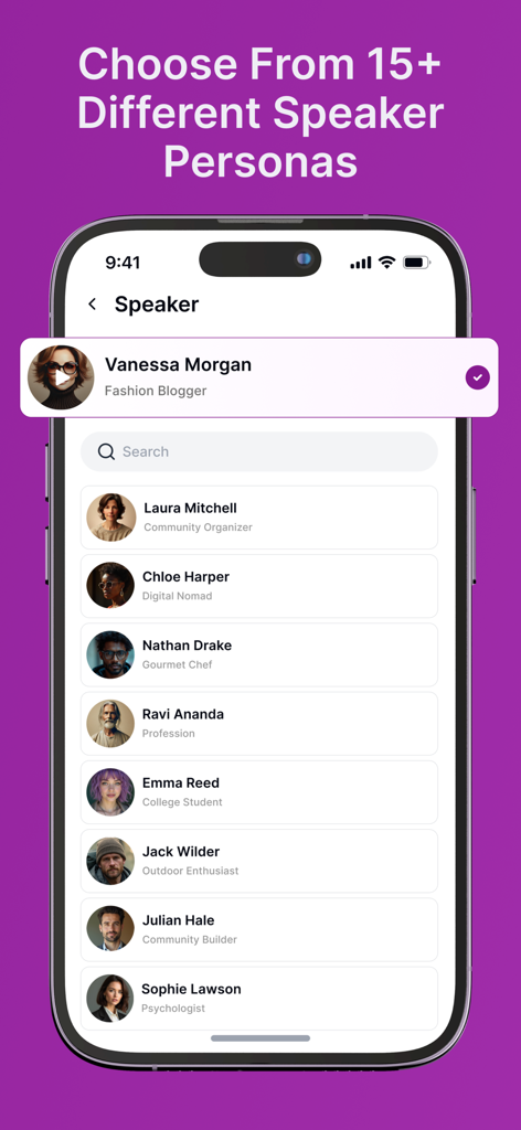 Text Reader - Text to Speech - Una lista de diferentes personalidades de locutores de IA disponibles en la interfaz de la aplicación Speaktor.