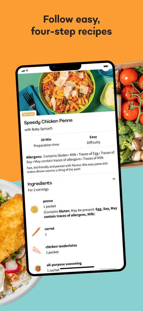 Mobile app interface showing an easy four step chicken penne recipe from EveryPlate