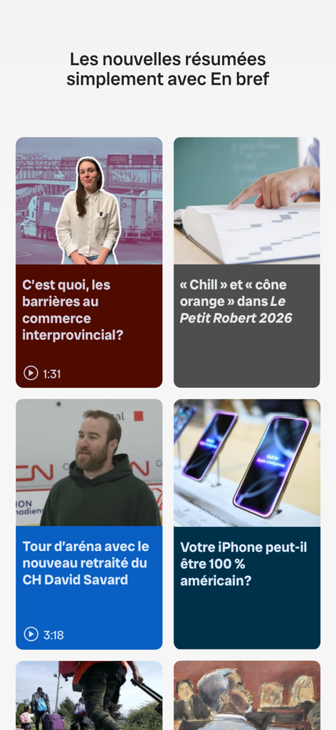Interface of the Radio-Canada Info app showing summarized news capsules in the En bref section.